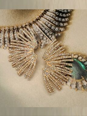 Vintage Large 80s 90s Crystal Encrusted Starburst Fan Gold Statement Earrings